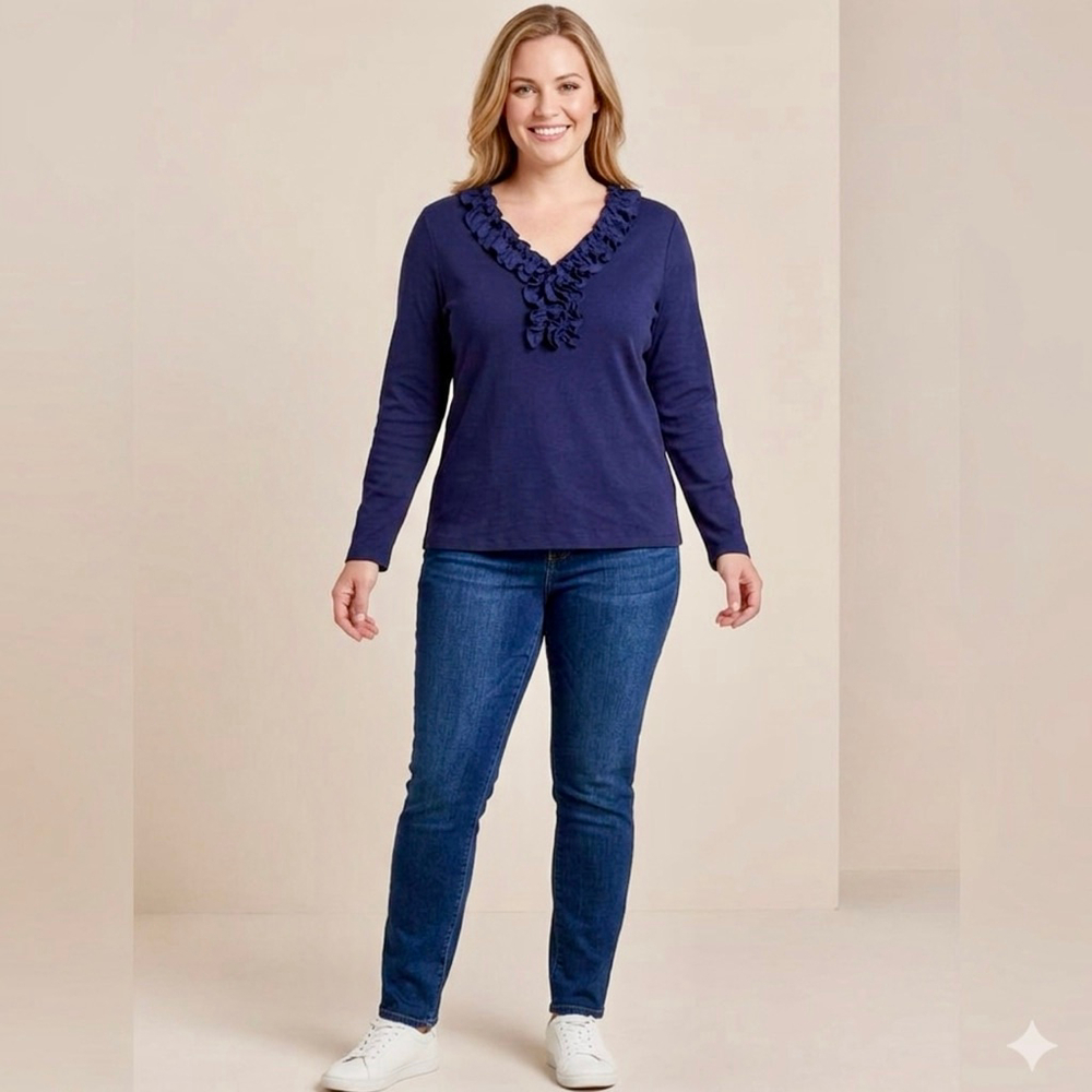 Chaps Navy Blue V-Neck Women's Tee with Ruffles, XL Size